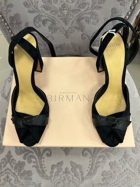 Alexandre Birman Black Suede Bow Peep-Toe Ankle-Strap Heels